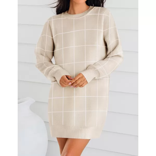 imageZESICA Womens Casual Long Sleeve Tunic Sweater Dress Crew Neck Plaid Knit Oversized Pullover Jumper TopsApricot