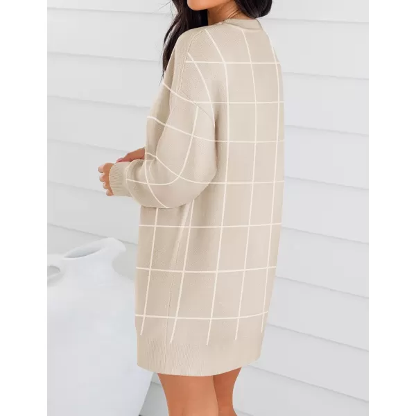 imageZESICA Womens Casual Long Sleeve Tunic Sweater Dress Crew Neck Plaid Knit Oversized Pullover Jumper TopsApricot