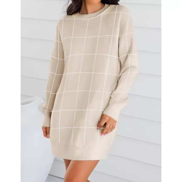 imageZESICA Womens Casual Long Sleeve Tunic Sweater Dress Crew Neck Plaid Knit Oversized Pullover Jumper TopsApricot