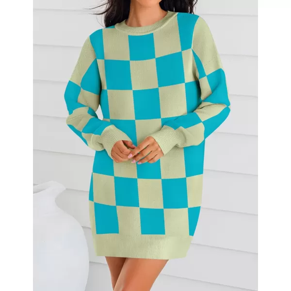 imageZESICA Womens Casual Long Sleeve Tunic Sweater Dress Crew Neck Plaid Knit Oversized Pullover Jumper TopsAqua