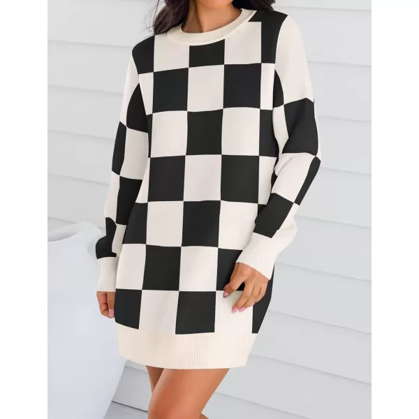 imageZESICA Womens Casual Long Sleeve Tunic Sweater Dress Crew Neck Plaid Knit Oversized Pullover Jumper TopsBlack