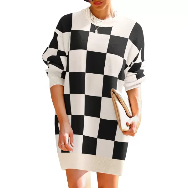 imageZESICA Womens Casual Long Sleeve Tunic Sweater Dress Crew Neck Plaid Knit Oversized Pullover Jumper TopsBlack