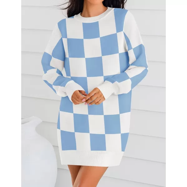 imageZESICA Womens Casual Long Sleeve Tunic Sweater Dress Crew Neck Plaid Knit Oversized Pullover Jumper TopsBlue