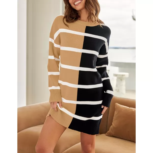 imageZESICA Womens Casual Long Sleeve Tunic Sweater Dress Crew Neck Plaid Knit Oversized Pullover Jumper TopsBrown
