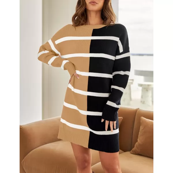 imageZESICA Womens Casual Long Sleeve Tunic Sweater Dress Crew Neck Plaid Knit Oversized Pullover Jumper TopsBrown