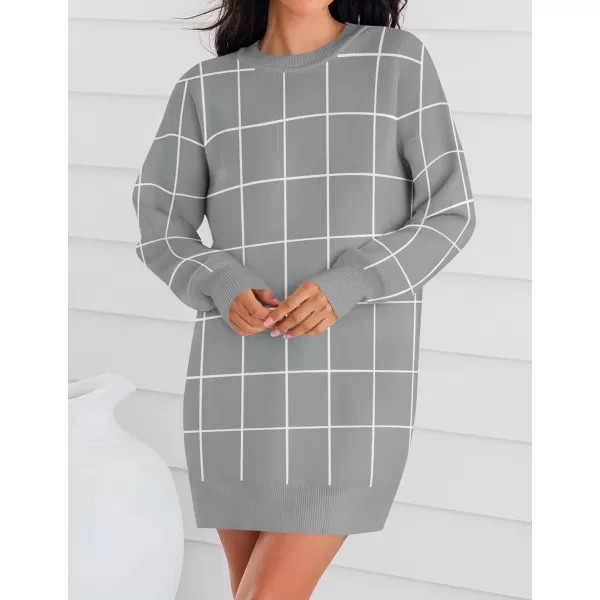 imageZESICA Womens Casual Long Sleeve Tunic Sweater Dress Crew Neck Plaid Knit Oversized Pullover Jumper TopsGrey