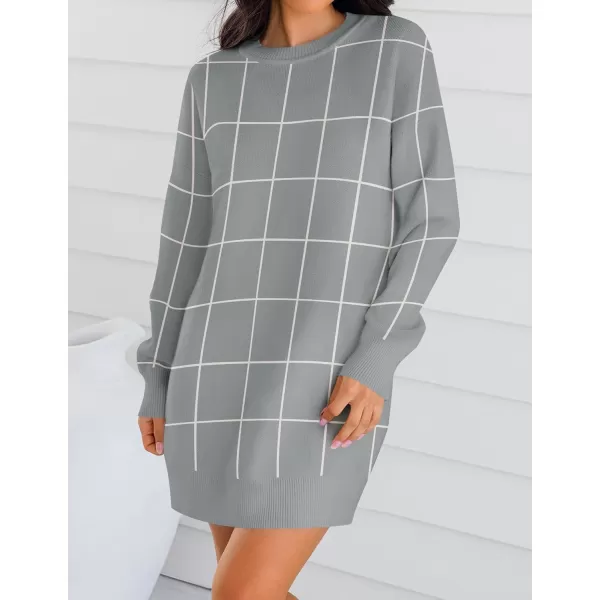imageZESICA Womens Casual Long Sleeve Tunic Sweater Dress Crew Neck Plaid Knit Oversized Pullover Jumper TopsGrey