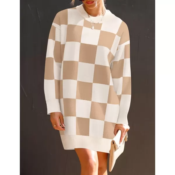imageZESICA Womens Casual Long Sleeve Tunic Sweater Dress Crew Neck Plaid Knit Oversized Pullover Jumper TopsKhaki