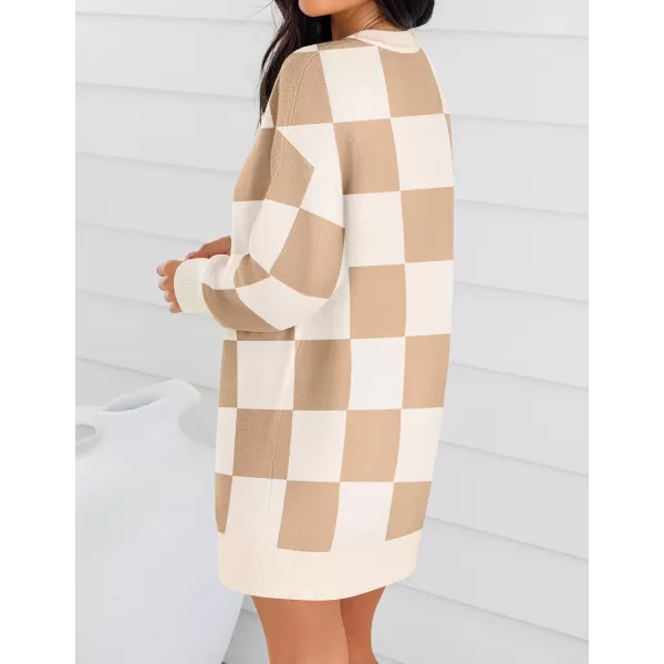 imageZESICA Womens Casual Long Sleeve Tunic Sweater Dress Crew Neck Plaid Knit Oversized Pullover Jumper TopsKhaki