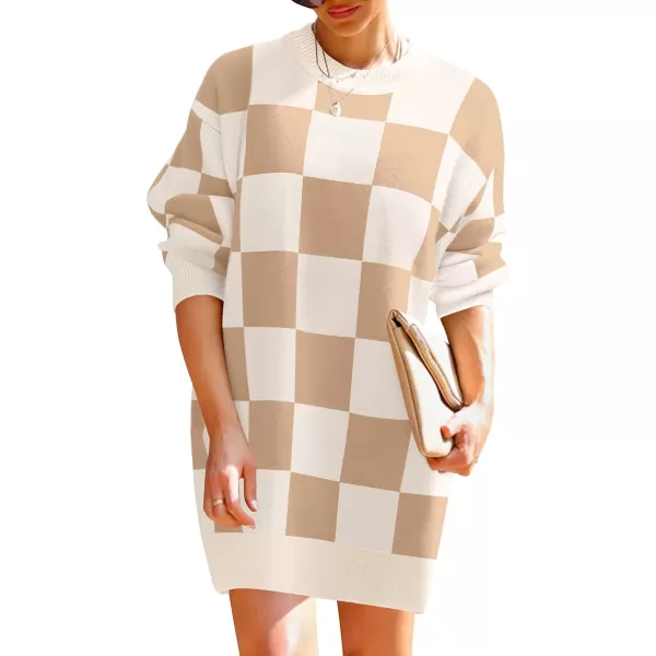 imageZESICA Womens Casual Long Sleeve Tunic Sweater Dress Crew Neck Plaid Knit Oversized Pullover Jumper TopsKhaki