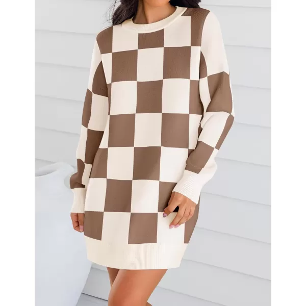 imageZESICA Womens Casual Long Sleeve Tunic Sweater Dress Crew Neck Plaid Knit Oversized Pullover Jumper TopsLightcoffee