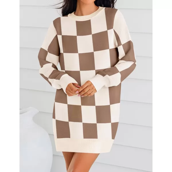 imageZESICA Womens Casual Long Sleeve Tunic Sweater Dress Crew Neck Plaid Knit Oversized Pullover Jumper TopsLightcoffee