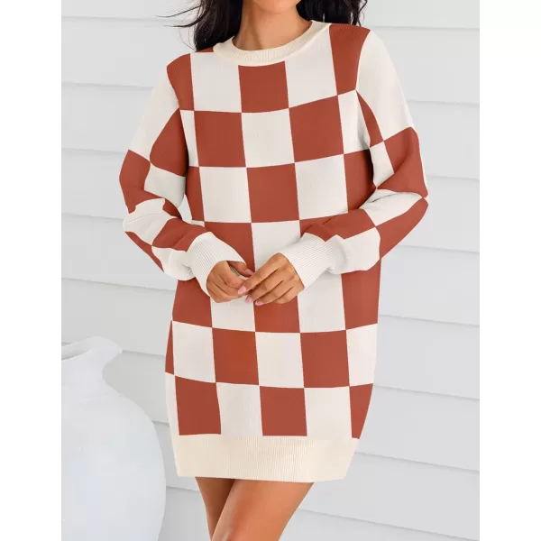 imageZESICA Womens Casual Long Sleeve Tunic Sweater Dress Crew Neck Plaid Knit Oversized Pullover Jumper TopsOrange