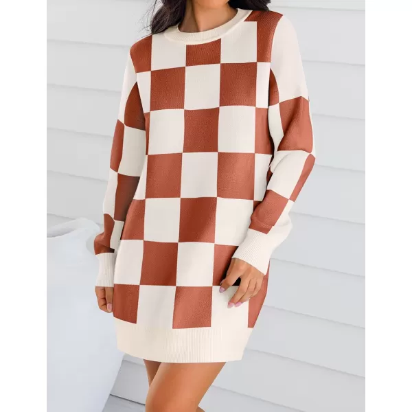 imageZESICA Womens Casual Long Sleeve Tunic Sweater Dress Crew Neck Plaid Knit Oversized Pullover Jumper TopsOrange