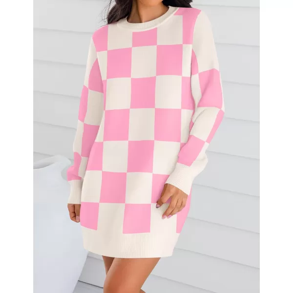 imageZESICA Womens Casual Long Sleeve Tunic Sweater Dress Crew Neck Plaid Knit Oversized Pullover Jumper TopsPink