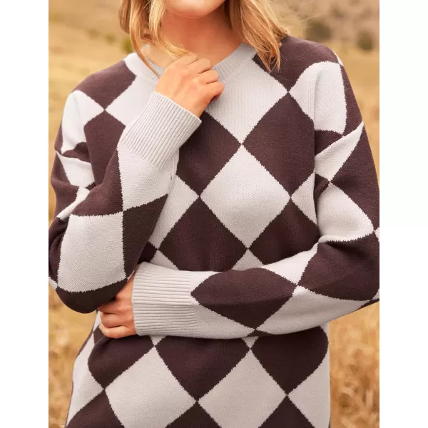 imageZESICA Womens Casual Long Sleeve Tunic Sweater Dress Crew Neck Plaid Knit Oversized Pullover Jumper TopsTaupe