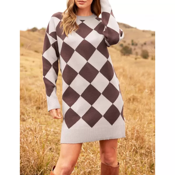 imageZESICA Womens Casual Long Sleeve Tunic Sweater Dress Crew Neck Plaid Knit Oversized Pullover Jumper TopsTaupe