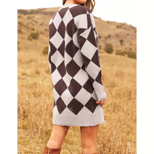 imageZESICA Womens Casual Long Sleeve Tunic Sweater Dress Crew Neck Plaid Knit Oversized Pullover Jumper TopsTaupe