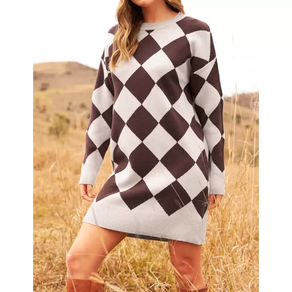 imageZESICA Womens Casual Long Sleeve Tunic Sweater Dress Crew Neck Plaid Knit Oversized Pullover Jumper TopsTaupe