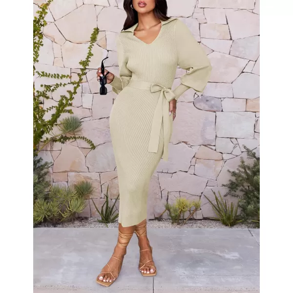 imageZESICA Womens Fall Winter Sweater Dress Long Sleeve Lapel V Neck Ribbed Knit Slim Fit Bodycon Midi Dresses with BeltAlmond