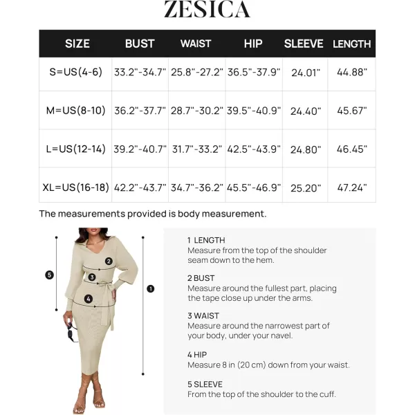 imageZESICA Womens Fall Winter Sweater Dress Long Sleeve Lapel V Neck Ribbed Knit Slim Fit Bodycon Midi Dresses with BeltAlmond