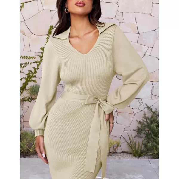 imageZESICA Womens Fall Winter Sweater Dress Long Sleeve Lapel V Neck Ribbed Knit Slim Fit Bodycon Midi Dresses with BeltAlmond