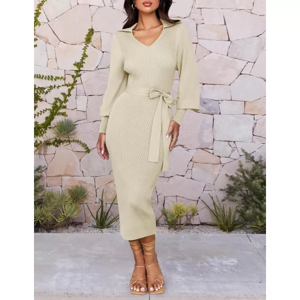 imageZESICA Womens Fall Winter Sweater Dress Long Sleeve Lapel V Neck Ribbed Knit Slim Fit Bodycon Midi Dresses with BeltAlmond