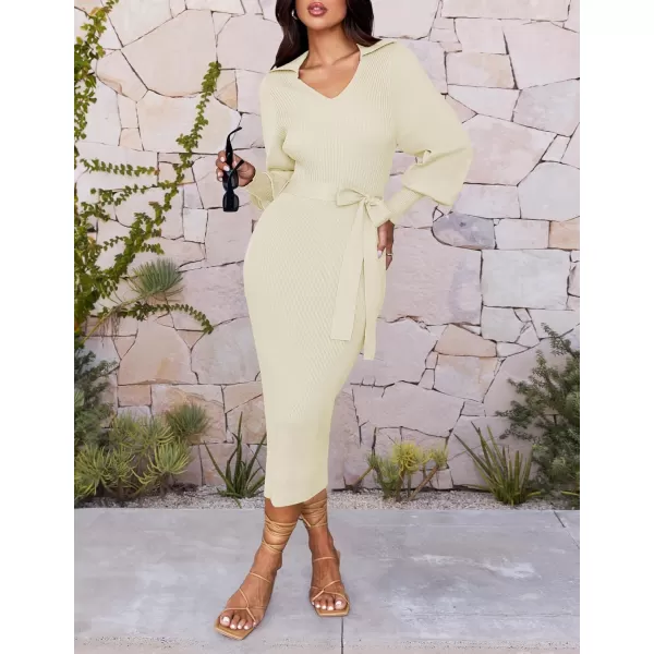 imageZESICA Womens Fall Winter Sweater Dress Long Sleeve Lapel V Neck Ribbed Knit Slim Fit Bodycon Midi Dresses with BeltApricot