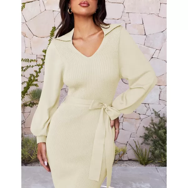 imageZESICA Womens Fall Winter Sweater Dress Long Sleeve Lapel V Neck Ribbed Knit Slim Fit Bodycon Midi Dresses with BeltApricot
