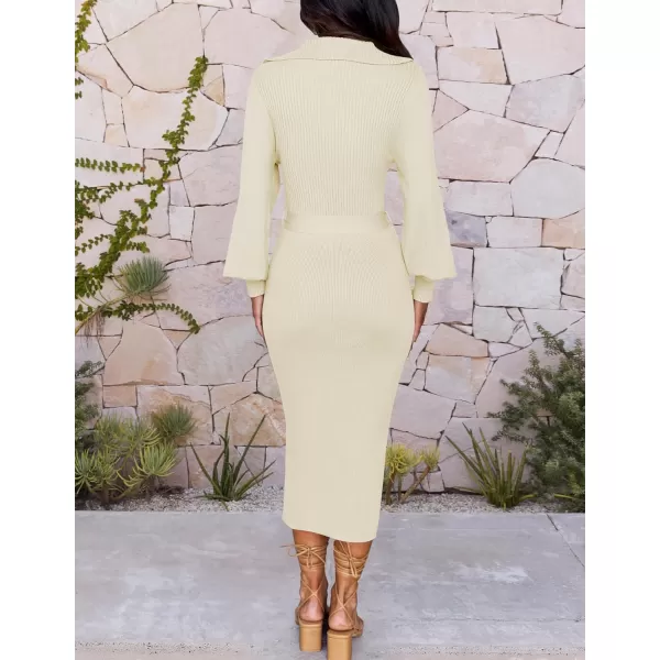 imageZESICA Womens Fall Winter Sweater Dress Long Sleeve Lapel V Neck Ribbed Knit Slim Fit Bodycon Midi Dresses with BeltApricot