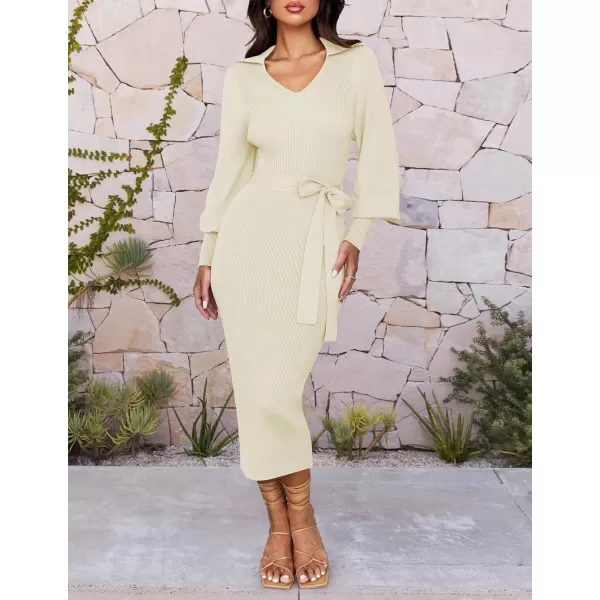 imageZESICA Womens Fall Winter Sweater Dress Long Sleeve Lapel V Neck Ribbed Knit Slim Fit Bodycon Midi Dresses with BeltApricot