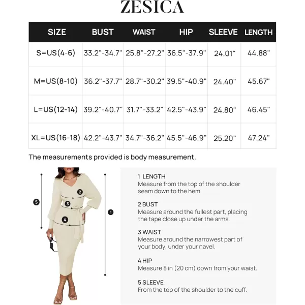 imageZESICA Womens Fall Winter Sweater Dress Long Sleeve Lapel V Neck Ribbed Knit Slim Fit Bodycon Midi Dresses with BeltApricot