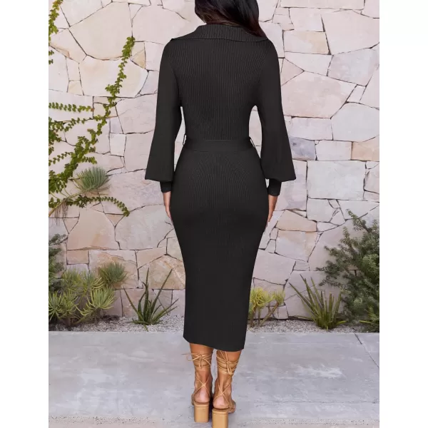 imageZESICA Womens Fall Winter Sweater Dress Long Sleeve Lapel V Neck Ribbed Knit Slim Fit Bodycon Midi Dresses with BeltBlack