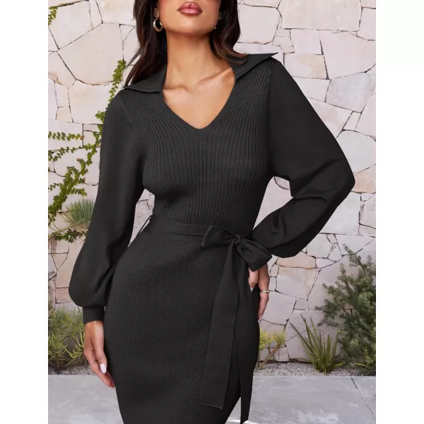 imageZESICA Womens Fall Winter Sweater Dress Long Sleeve Lapel V Neck Ribbed Knit Slim Fit Bodycon Midi Dresses with BeltBlack