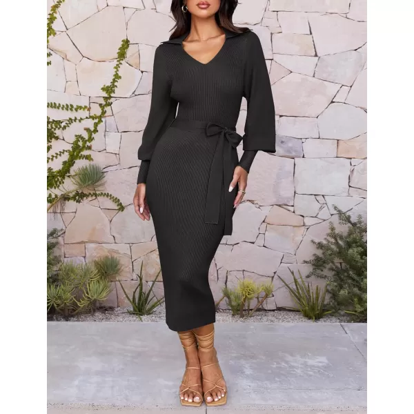 imageZESICA Womens Fall Winter Sweater Dress Long Sleeve Lapel V Neck Ribbed Knit Slim Fit Bodycon Midi Dresses with BeltBlack