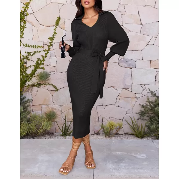 imageZESICA Womens Fall Winter Sweater Dress Long Sleeve Lapel V Neck Ribbed Knit Slim Fit Bodycon Midi Dresses with BeltBlack