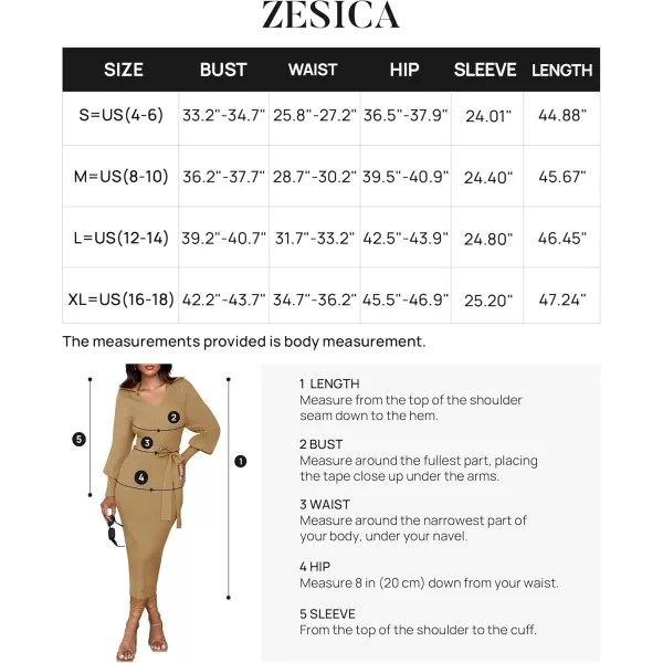 imageZESICA Womens Fall Winter Sweater Dress Long Sleeve Lapel V Neck Ribbed Knit Slim Fit Bodycon Midi Dresses with BeltCamel
