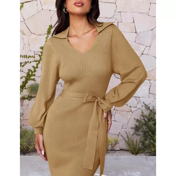 imageZESICA Womens Fall Winter Sweater Dress Long Sleeve Lapel V Neck Ribbed Knit Slim Fit Bodycon Midi Dresses with BeltCamel
