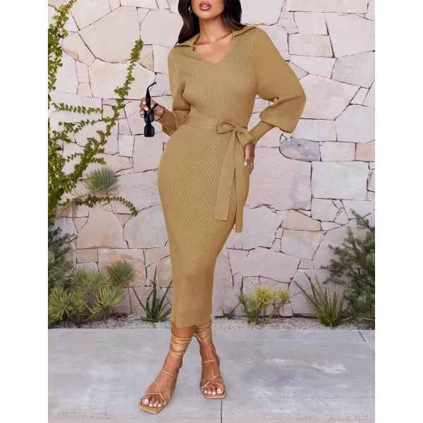 imageZESICA Womens Fall Winter Sweater Dress Long Sleeve Lapel V Neck Ribbed Knit Slim Fit Bodycon Midi Dresses with BeltCamel