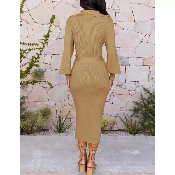 imageZESICA Womens Fall Winter Sweater Dress Long Sleeve Lapel V Neck Ribbed Knit Slim Fit Bodycon Midi Dresses with BeltCamel