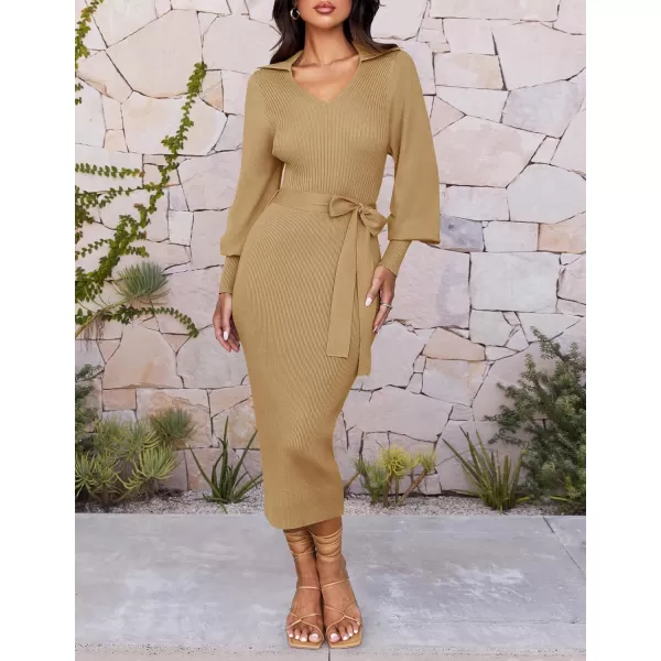 imageZESICA Womens Fall Winter Sweater Dress Long Sleeve Lapel V Neck Ribbed Knit Slim Fit Bodycon Midi Dresses with BeltCamel