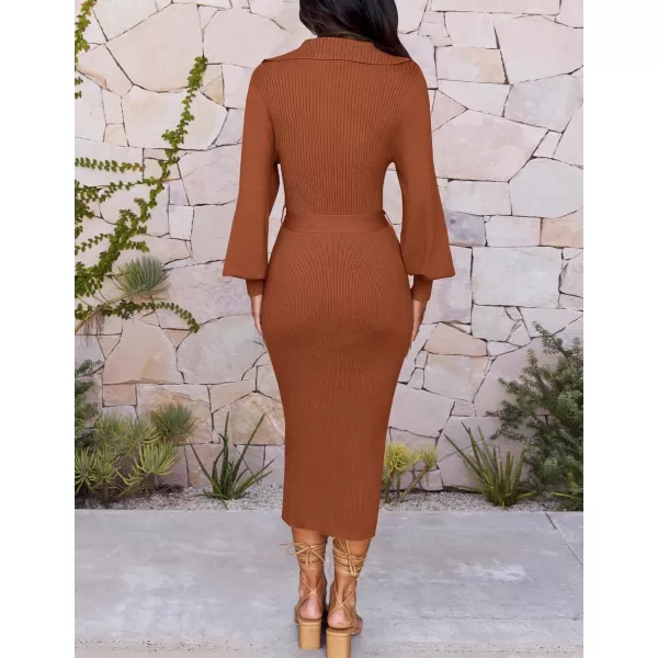 imageZESICA Womens Fall Winter Sweater Dress Long Sleeve Lapel V Neck Ribbed Knit Slim Fit Bodycon Midi Dresses with BeltRust