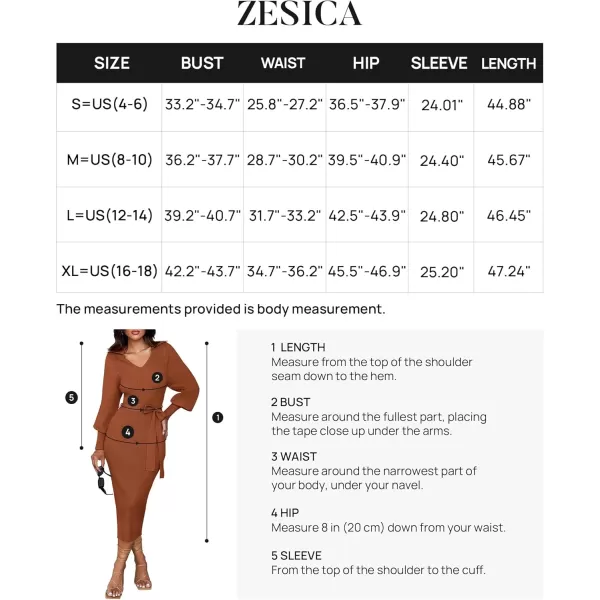 imageZESICA Womens Fall Winter Sweater Dress Long Sleeve Lapel V Neck Ribbed Knit Slim Fit Bodycon Midi Dresses with BeltRust