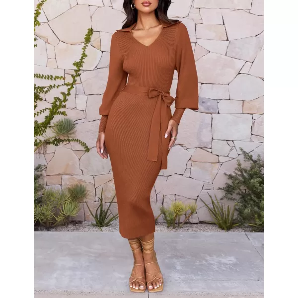 imageZESICA Womens Fall Winter Sweater Dress Long Sleeve Lapel V Neck Ribbed Knit Slim Fit Bodycon Midi Dresses with BeltRust