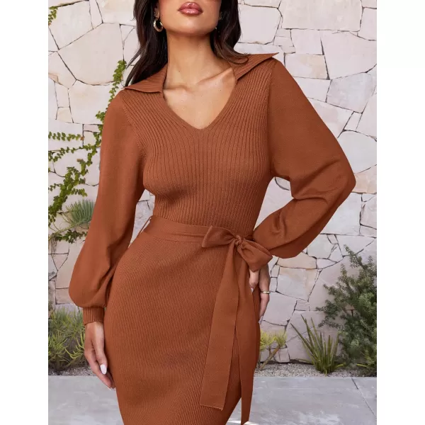 imageZESICA Womens Fall Winter Sweater Dress Long Sleeve Lapel V Neck Ribbed Knit Slim Fit Bodycon Midi Dresses with BeltRust