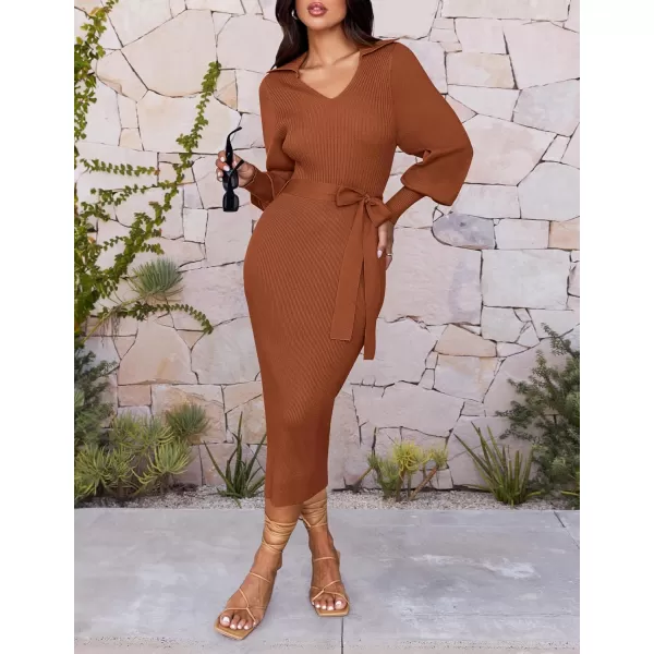 imageZESICA Womens Fall Winter Sweater Dress Long Sleeve Lapel V Neck Ribbed Knit Slim Fit Bodycon Midi Dresses with BeltRust