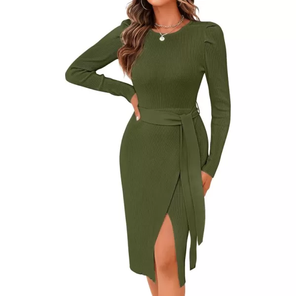 imageZESICA Womens 2023 Long Sleeve Sweater Dress Ribbed Knit Crew Neck Tie Waist Bodycon Slit Midi DressesArmyGreenSmall