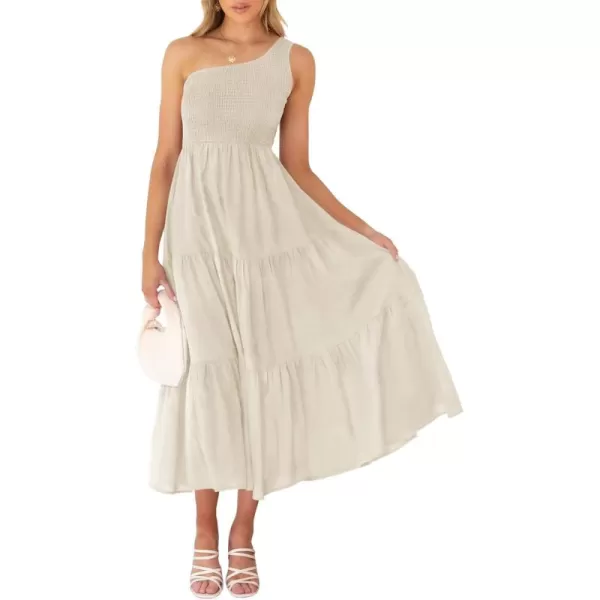 imageZESICA Womens 2024 Bohemian Summer Floral Print One Shoulder Sleeveless Smocked Ruffle Tiered Beach Long Midi DressBeige
