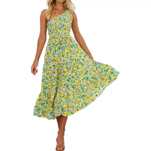 imageZESICA Womens 2024 Bohemian Summer Floral Print One Shoulder Sleeveless Smocked Ruffle Tiered Beach Long Midi DressChartreuse