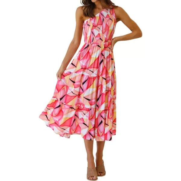 imageZESICA Womens 2024 Bohemian Summer Floral Print One Shoulder Sleeveless Smocked Ruffle Tiered Beach Long Midi DressGeometricpink